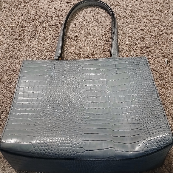 💙 Calvin Klein Croc Embossed Satchel Tote Blue Gray Leather Bag Large - Picture 12 of 16